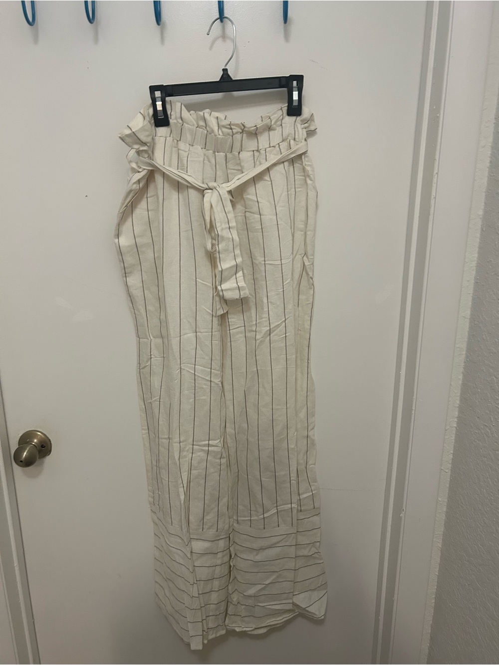 High-Rise Cream Pinstripe Paperbag Wide Leg Pants with Tie Belt